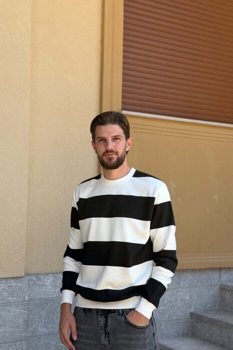 STRIPE DESIGN ROUND NECK MEN SWEATSHIRT WHITE-BLACK/BAZE 
