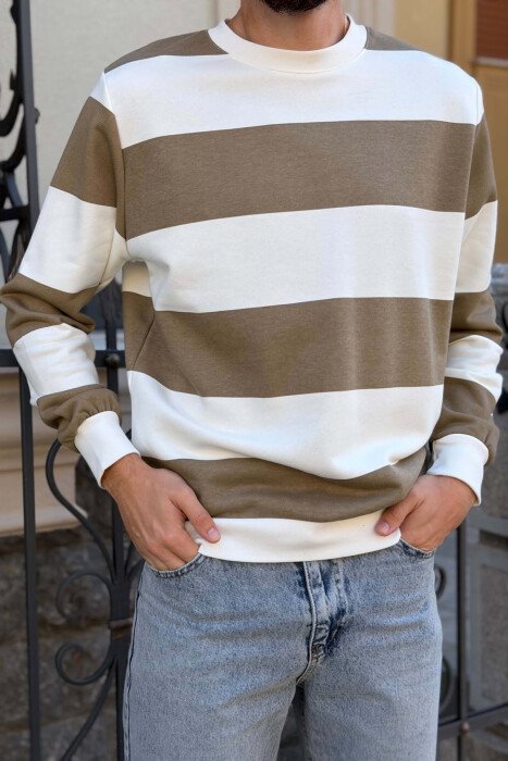 STRIPE DESIGN ROUND NECK MEN SWEATSHIRT WHITE-BROWN/BAKA - 2