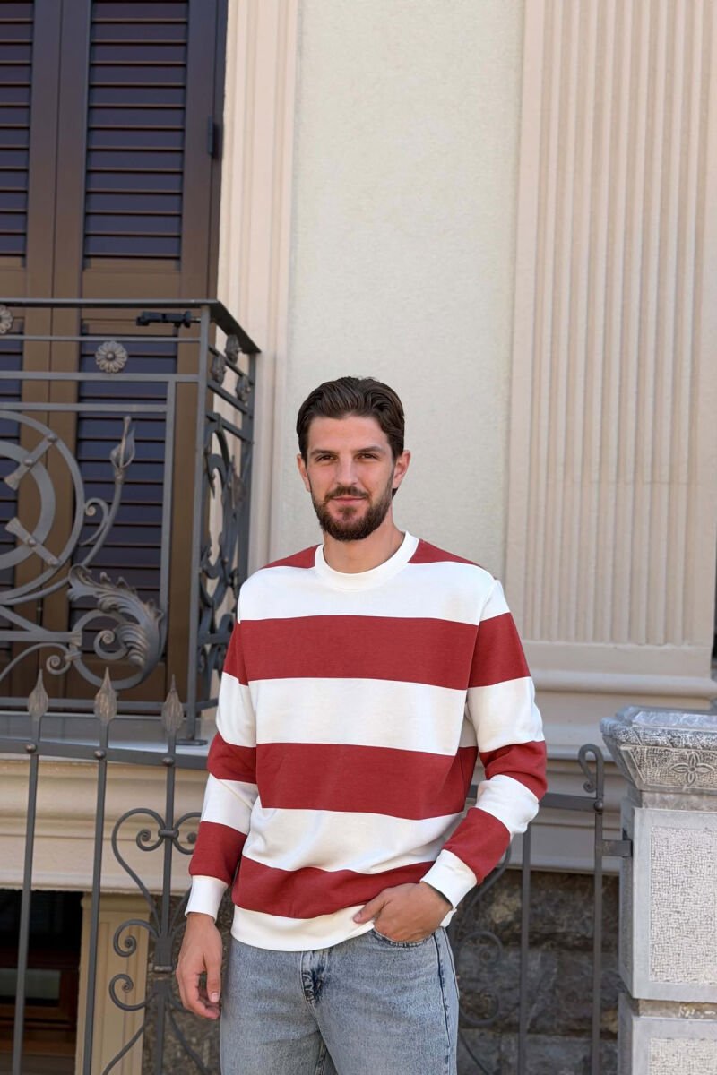 STRIPE DESIGN ROUND NECK MEN SWEATSHIRT WHITE-BURGUNDY/BAVI - 1