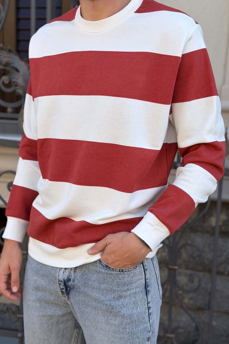 STRIPE DESIGN ROUND NECK MEN SWEATSHIRT WHITE-BURGUNDY/BAVI - 4
