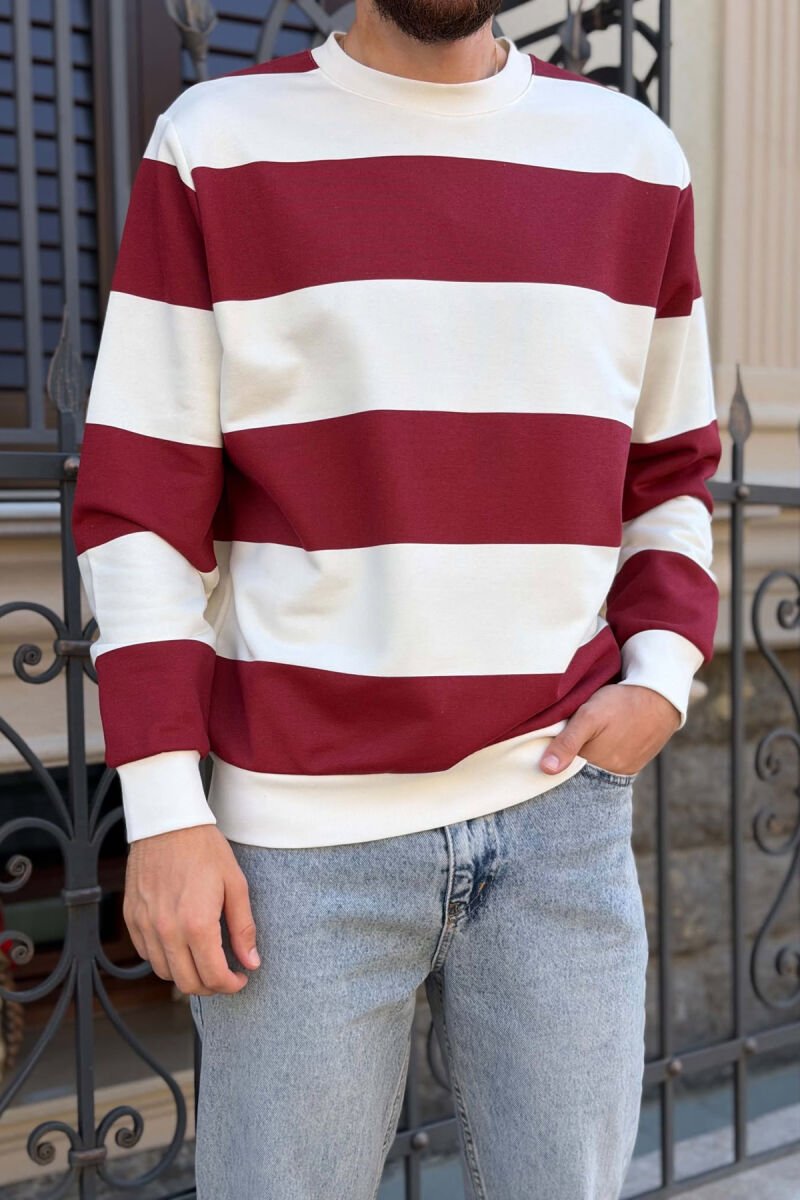 STRIPE DESIGN ROUND NECK MEN SWEATSHIRT WHITE-DARK BURGUNDY/BA-VIEE - 2