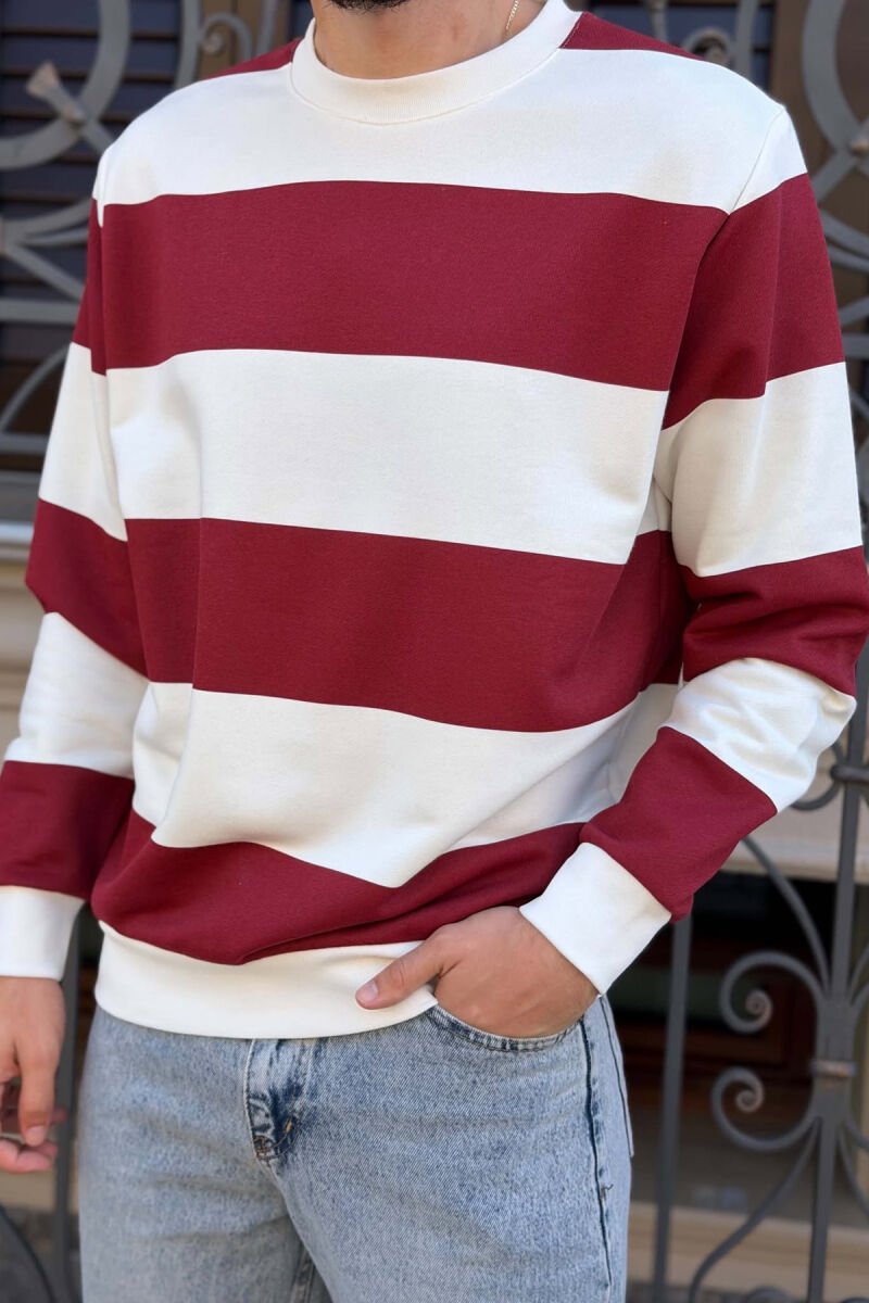 STRIPE DESIGN ROUND NECK MEN SWEATSHIRT WHITE-DARK BURGUNDY/BA-VIEE - 4