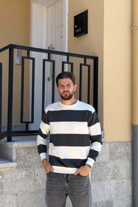 STRIPE DESIGN ROUND NECK MEN SWEATSHIRT WHITE-DARK GREY/BAGE 