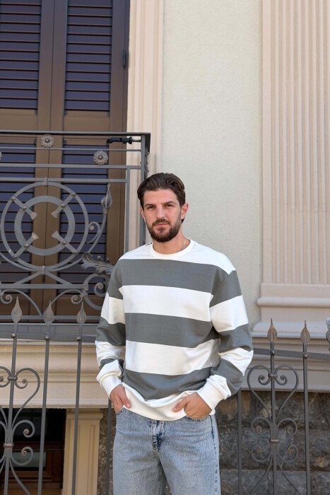 STRIPE DESIGN ROUND NECK MEN SWEATSHIRT WHITE/GREY-BAGR 
