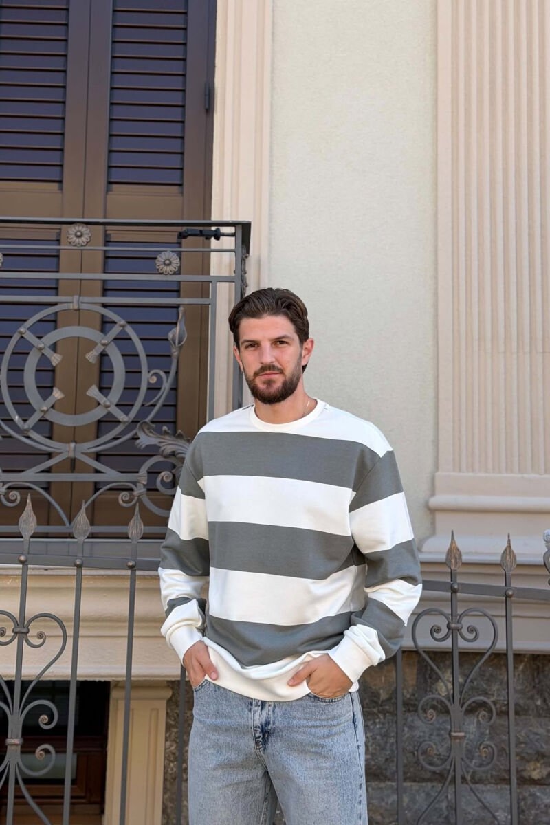 STRIPE DESIGN ROUND NECK MEN SWEATSHIRT WHITE/GREY-BAGR - 1