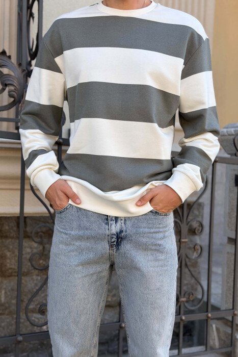 STRIPE DESIGN ROUND NECK MEN SWEATSHIRT WHITE/GREY-BAGR - 4