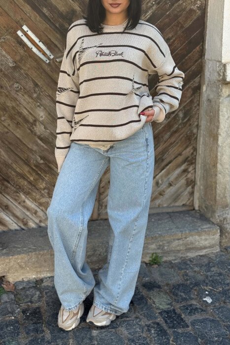 STRIPE DESIGN ROUND NECK WOMEN SWEATER BEIGE/BEZHE - 2