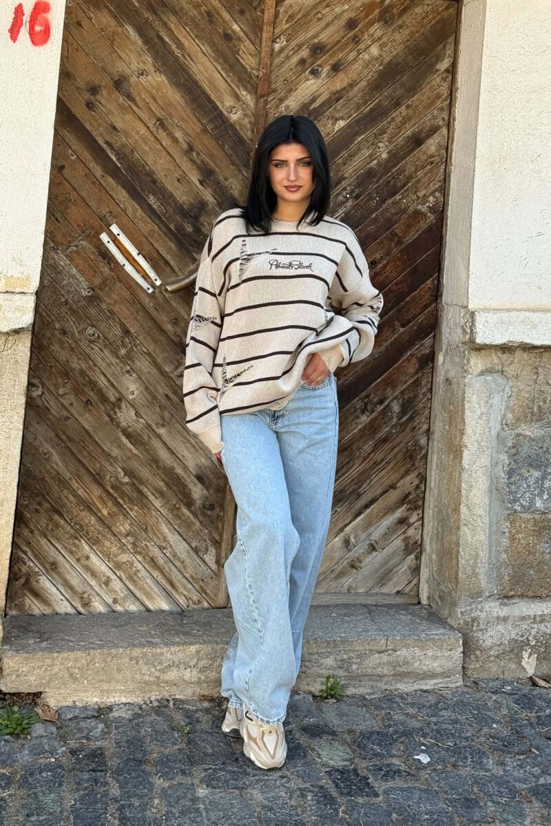 STRIPE DESIGN ROUND NECK WOMEN SWEATER BEIGE/BEZHE - 3