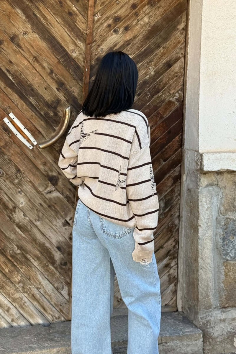 STRIPE DESIGN ROUND NECK WOMEN SWEATER BEIGE/BEZHE - 5