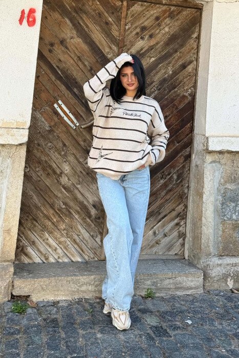 STRIPE DESIGN ROUND NECK WOMEN SWEATER BEIGE/BEZHE - 6
