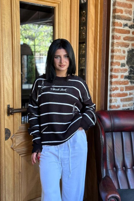 STRIPE DESIGN ROUND NECK WOMEN SWEATER BLACK/ E ZEZE - 3