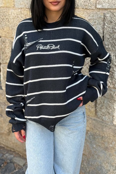 STRIPE DESIGN ROUND NECK WOMEN SWEATER BLUE/BLU - 2