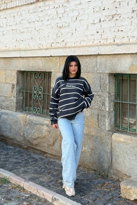 STRIPE DESIGN ROUND NECK WOMEN SWEATER BLUE/BLU - 3