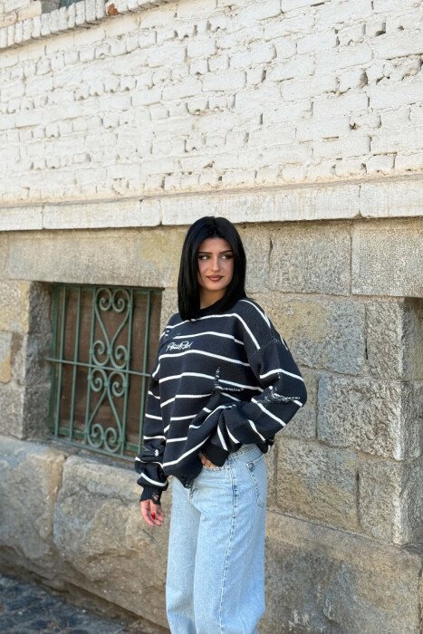 STRIPE DESIGN ROUND NECK WOMEN SWEATER BLUE/BLU - 4
