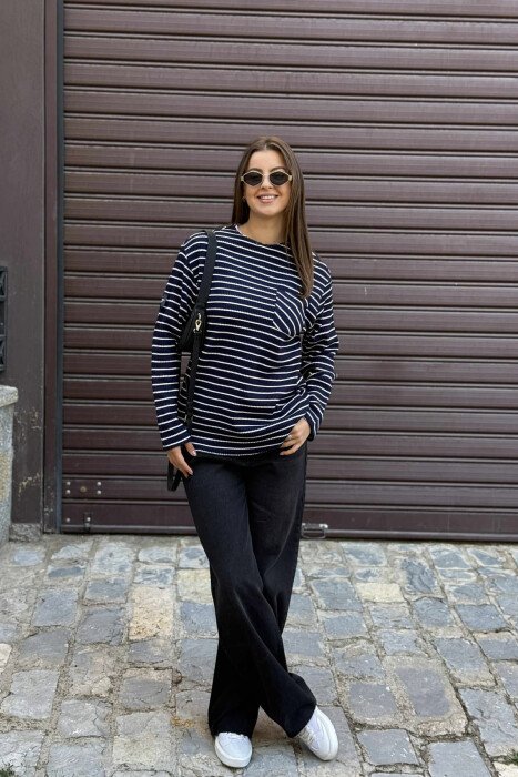STRIPE DESIGN ROUND NECK WOMEN SWEATER BLUE/BLU - 1
