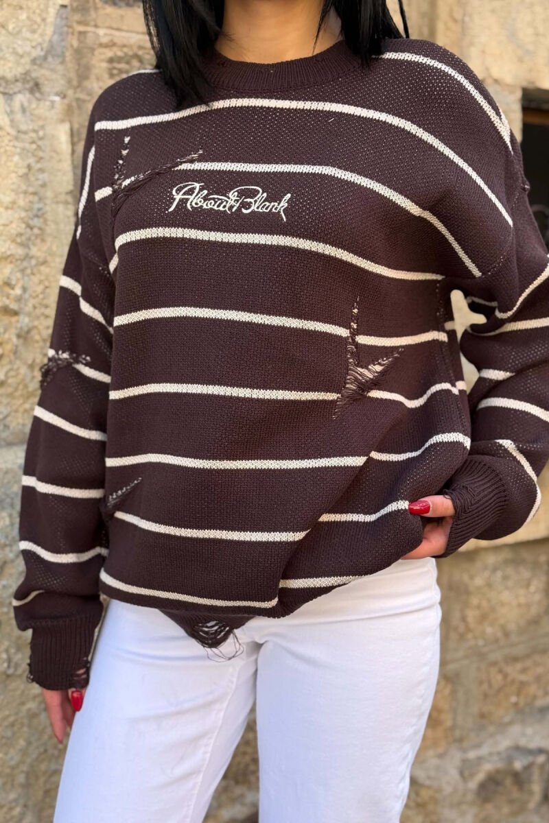 STRIPE DESIGN ROUND NECK WOMEN SWEATER BROWN/KAFE - 2