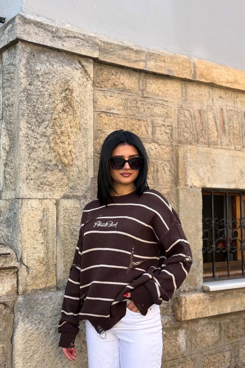 STRIPE DESIGN ROUND NECK WOMEN SWEATER BROWN/KAFE - 3