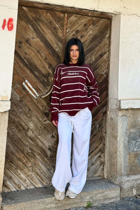STRIPE DESIGN ROUND NECK WOMEN SWEATER BURGUNDY/VISHNJE 