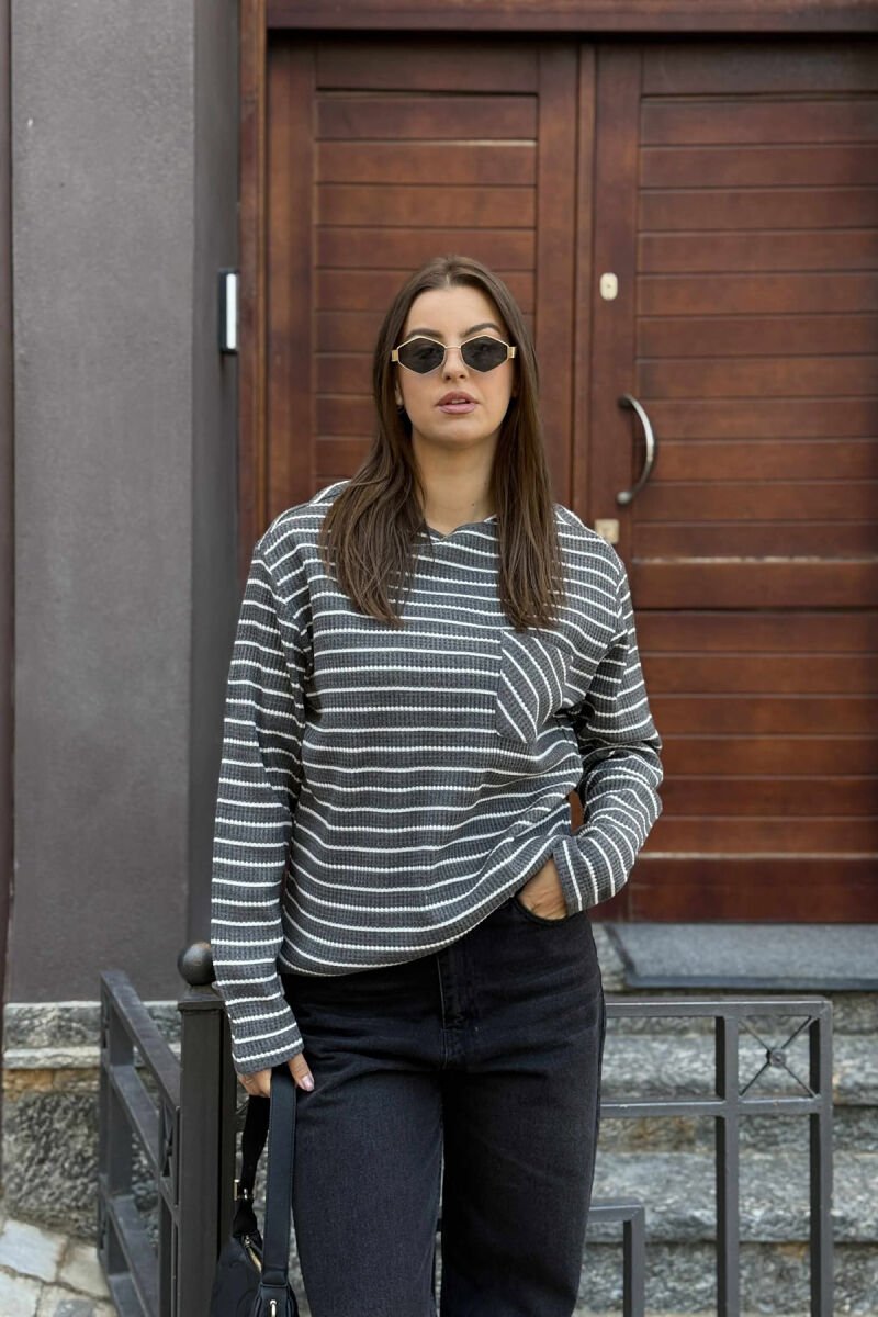 STRIPE DESIGN ROUND NECK WOMEN SWEATER GREY/GRI - 2