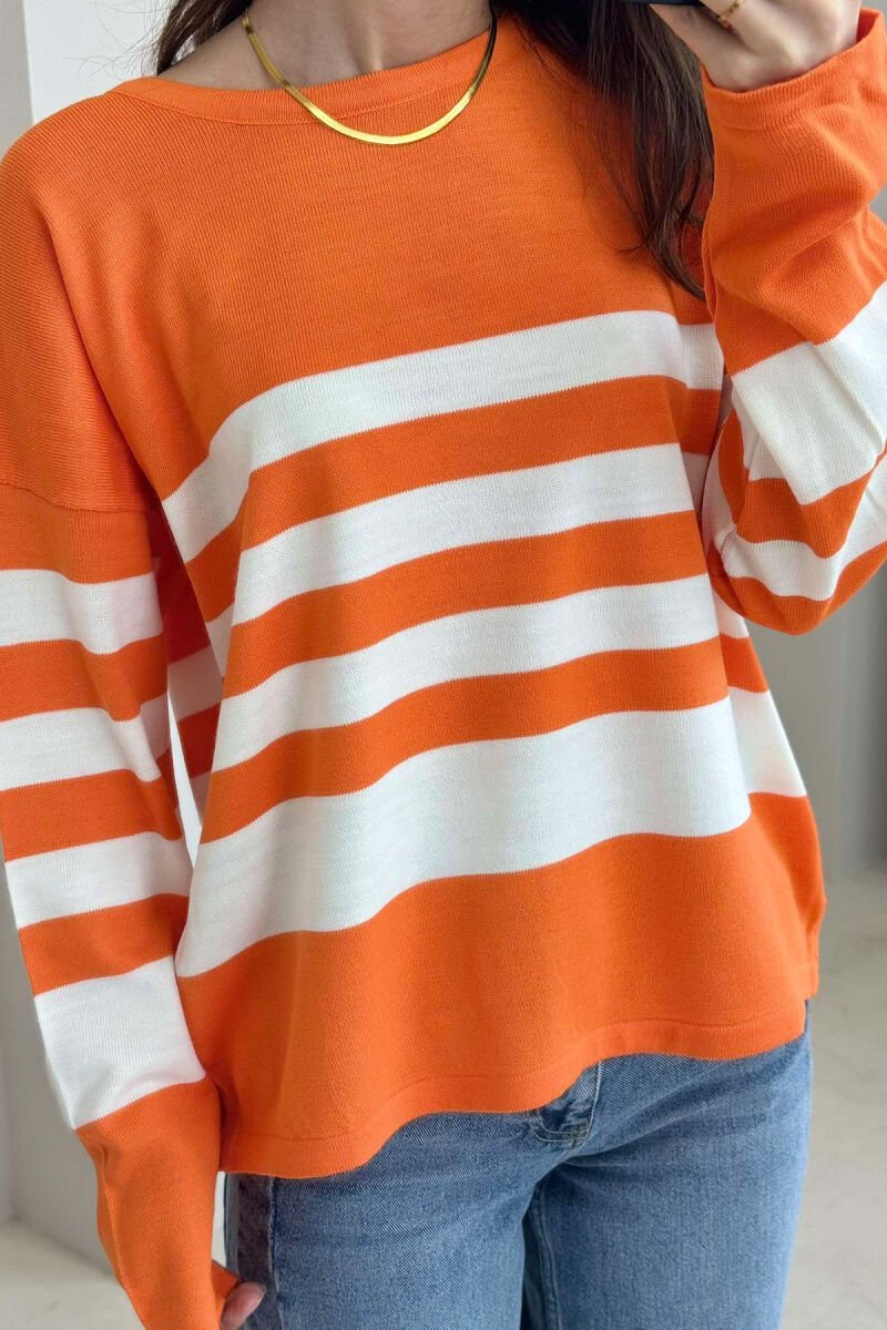 STRIPE DESIGN ROUND NECK WOMEN SWEATER ORANGE/PORTOKALLI - 3