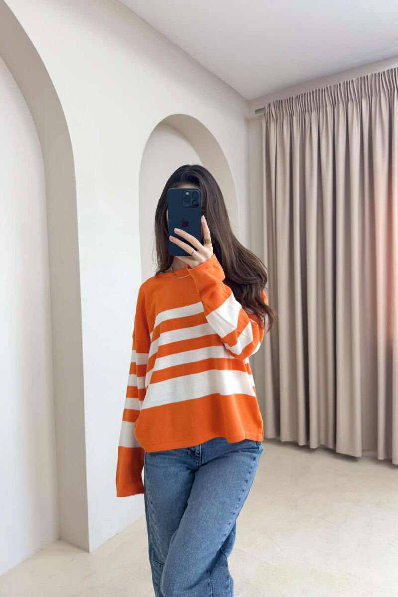 STRIPE DESIGN ROUND NECK WOMEN SWEATER ORANGE/PORTOKALLI - 4