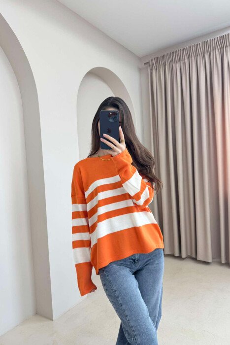 STRIPE DESIGN ROUND NECK WOMEN SWEATER ORANGE/PORTOKALLI - 5
