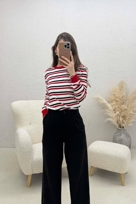 STRIPE DESIGN ROUND NECK WOMEN SWEATER WHITE-E BARDHE - 4