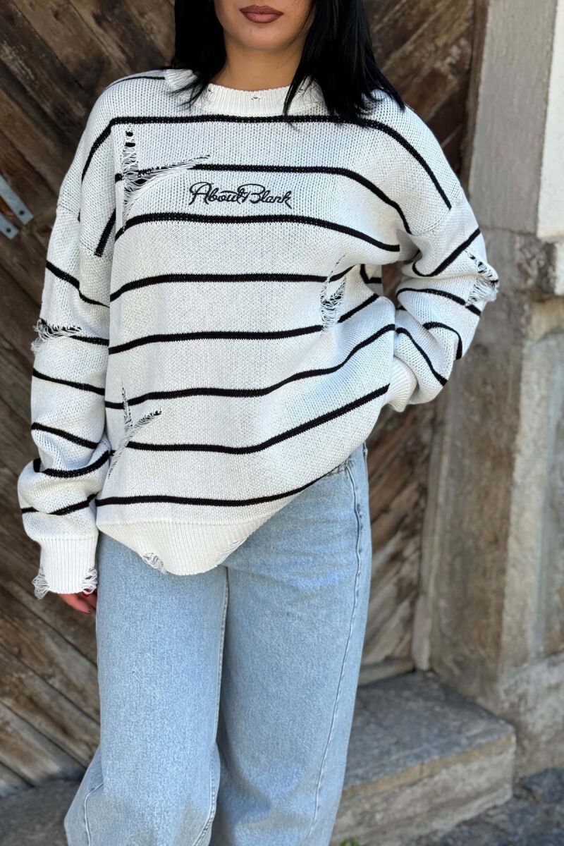 STRIPE DESIGN ROUND NECK WOMEN SWEATER WHITE-E BARDHE - 2