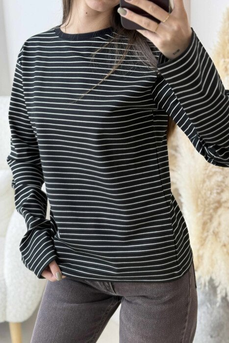 STRIPE DESIGN ROUND NECK WOMEN SWEATSHIRT BLACK/ E ZEZE - 6