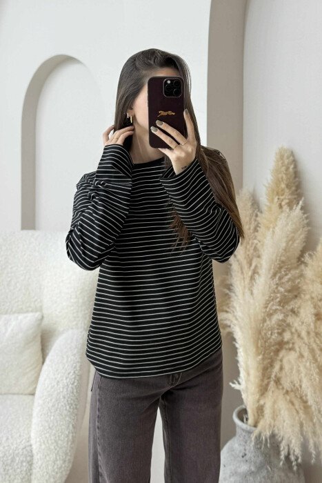 STRIPE DESIGN ROUND NECK WOMEN SWEATSHIRT BLACK/ E ZEZE - 8