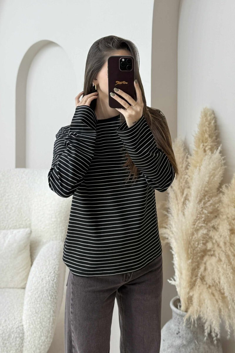 STRIPE DESIGN ROUND NECK WOMEN SWEATSHIRT BLACK/ E ZEZE - 8