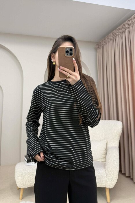 STRIPE DESIGN ROUND NECK WOMEN SWEATSHIRT BLACK/ E ZEZE - 1