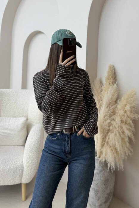 STRIPE DESIGN ROUND NECK WOMEN SWEATSHIRT BROWN/KAFE - 6