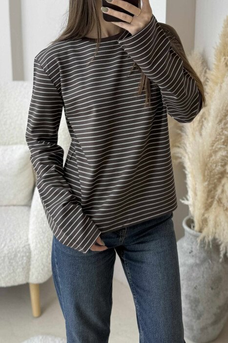 STRIPE DESIGN ROUND NECK WOMEN SWEATSHIRT BROWN/KAFE - 8