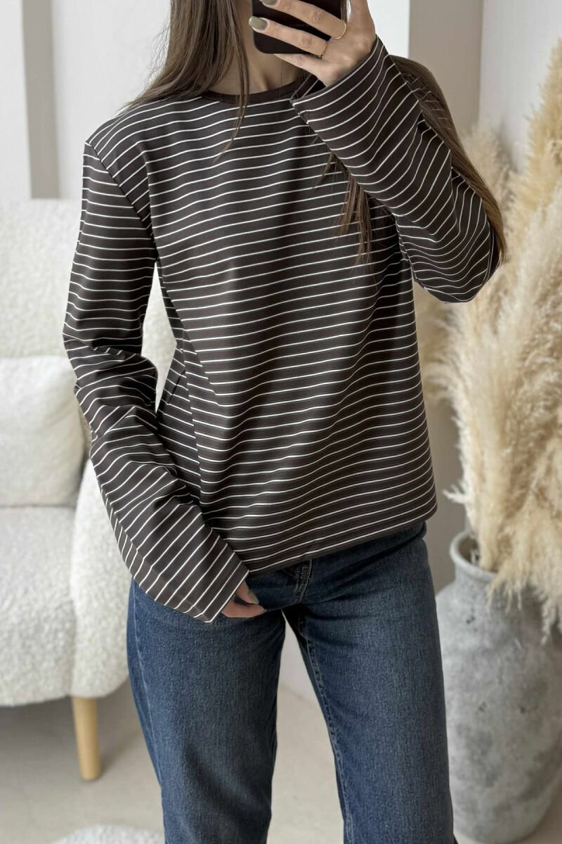 STRIPE DESIGN ROUND NECK WOMEN SWEATSHIRT BROWN/KAFE - 8
