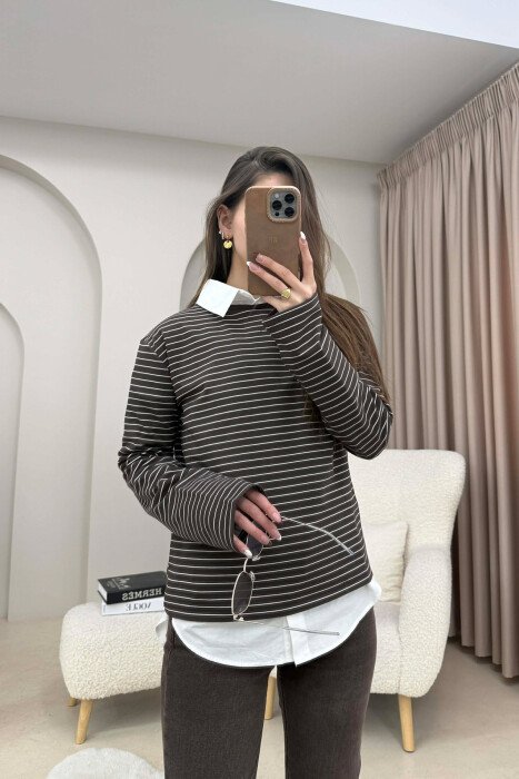 STRIPE DESIGN ROUND NECK WOMEN SWEATSHIRT BROWN/KAFE - 2