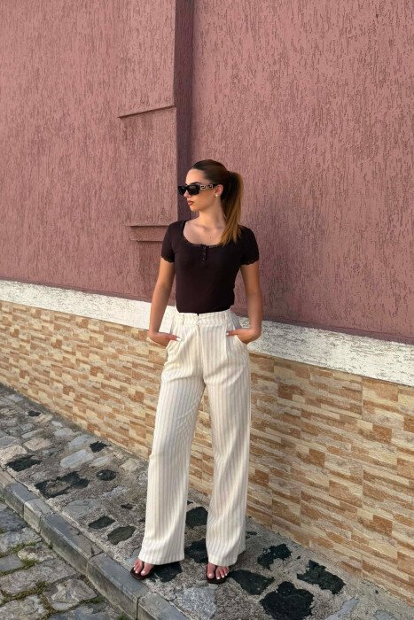 STRIPE DESIGN SEMI ELASTIC WAIST WOMEN TROUSERS CREAM/KREM - KLAUDIO FASHION