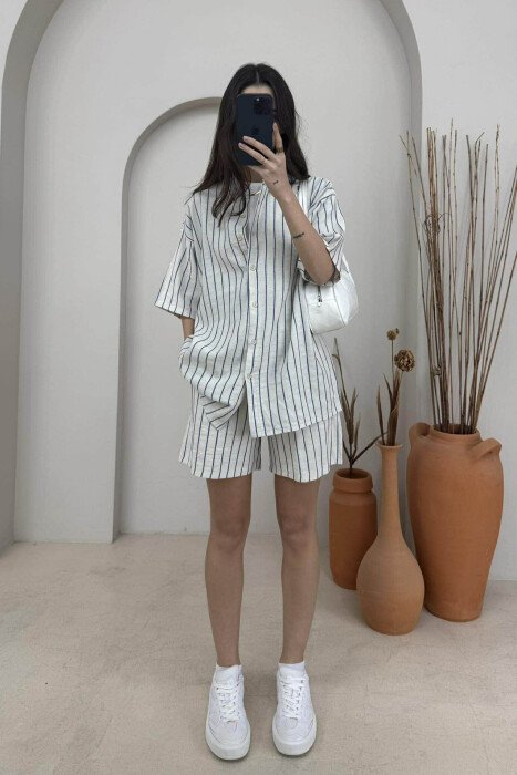 STRIPE DESIGN SHIRT+SHORTS WOMEN SET CREAM-BLUE/KREM-BLU 
