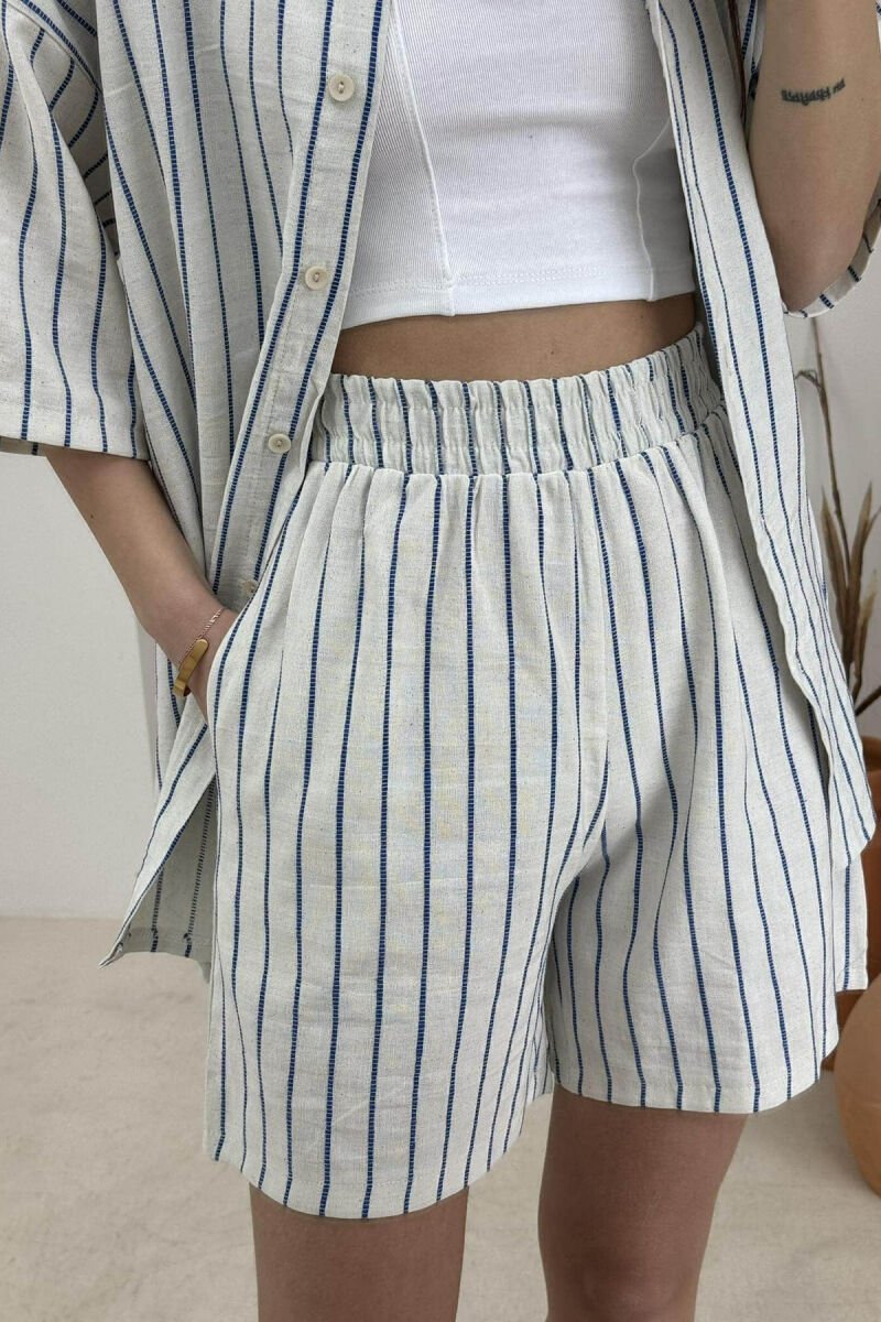 STRIPE DESIGN SHIRT+SHORTS WOMEN SET CREAM-BLUE/KREM-BLU - 5