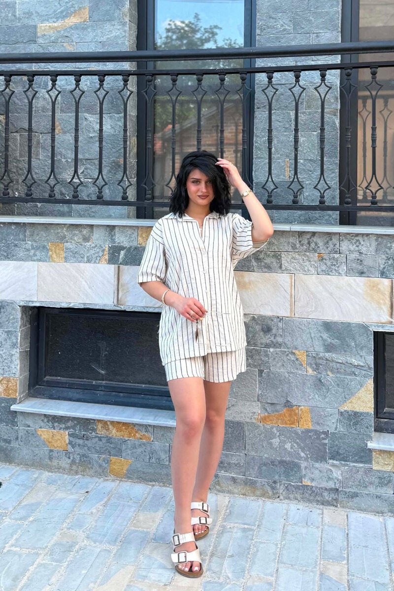 STRIPE DESIGN SHIRT+SHORTS WOMEN SET CREAM+BLACK/KREM+ZEZE - 1