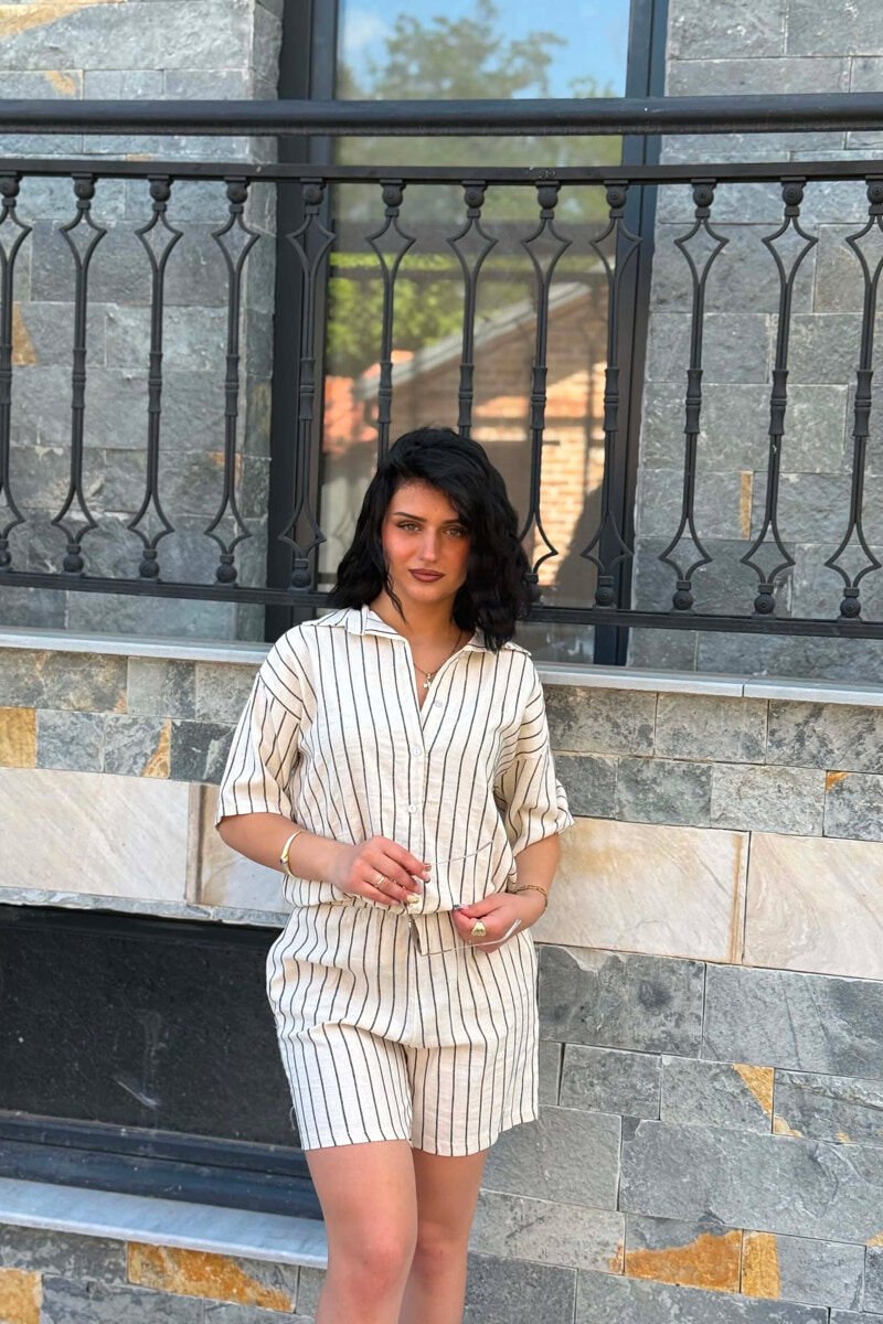 STRIPE DESIGN SHIRT+SHORTS WOMEN SET CREAM+BLACK/KREM+ZEZE - 2