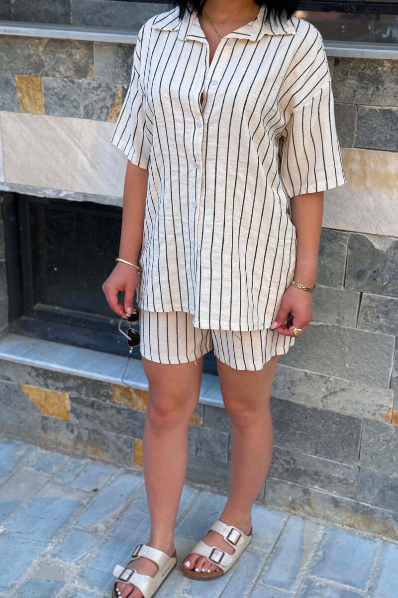 STRIPE DESIGN SHIRT+SHORTS WOMEN SET CREAM+BLACK/KREM+ZEZE - 4