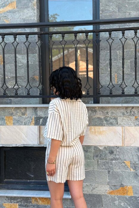 STRIPE DESIGN SHIRT+SHORTS WOMEN SET CREAM+BLACK/KREM+ZEZE - 5
