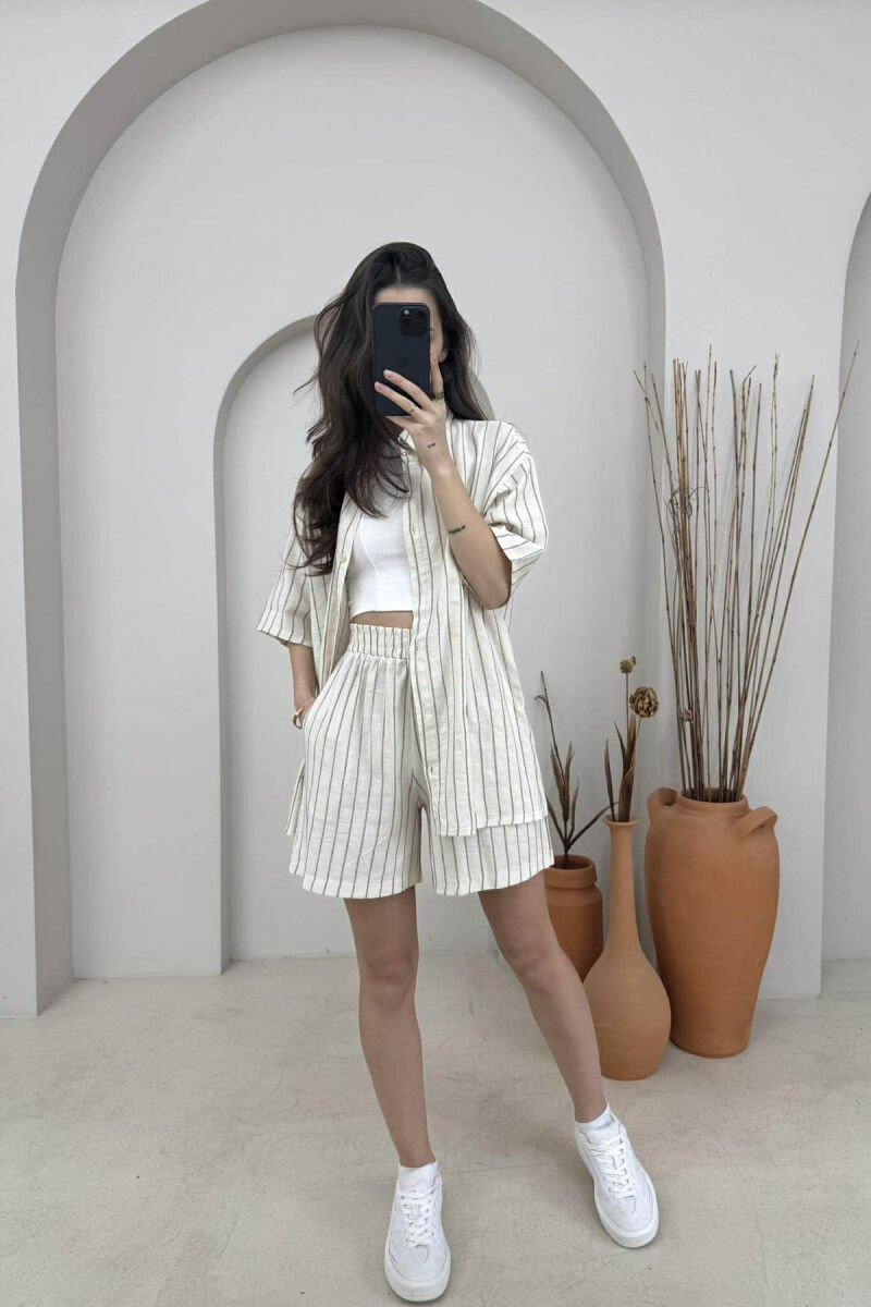 STRIPE DESIGN SHIRT+SHORTS WOMEN SET CREM+BEIGE/KREM+BEZHE - 1