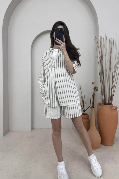 STRIPE DESIGN SHIRT+SHORTS WOMEN SET CREM+DARK BLUE/KREM+BLUE ERRET - 1