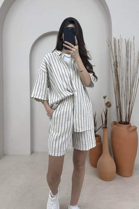 STRIPE DESIGN SHIRT+SHORTS WOMEN SET CREM+DARK BLUE/KREM+BLUE ERRET - 2