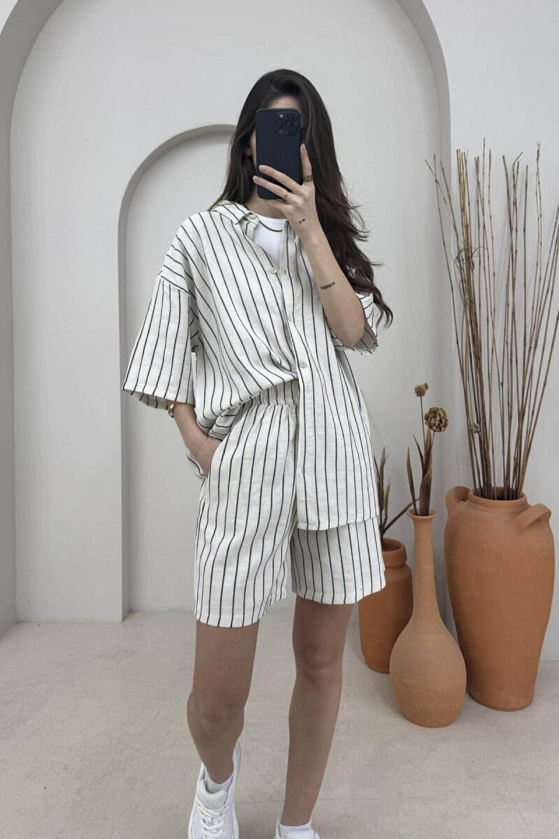 STRIPE DESIGN SHIRT+SHORTS WOMEN SET CREM+DARK BLUE/KREM+BLUE ERRET - 2