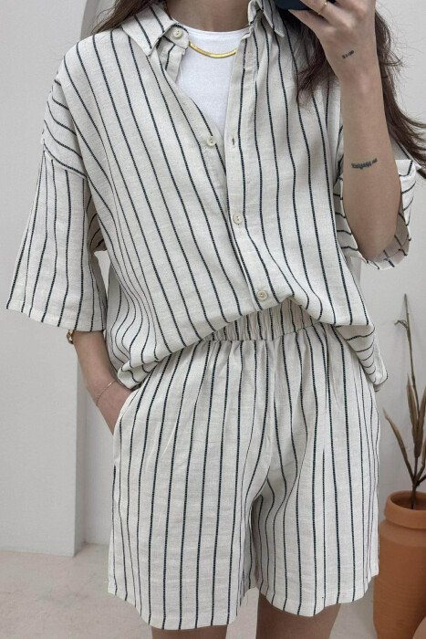 STRIPE DESIGN SHIRT+SHORTS WOMEN SET CREM+DARK BLUE/KREM+BLUE ERRET - 3