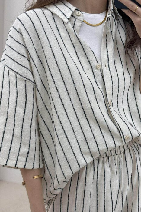 STRIPE DESIGN SHIRT+SHORTS WOMEN SET CREM+DARK BLUE/KREM+BLUE ERRET - 4