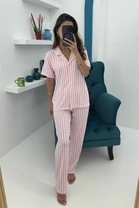 STRIPE DESIGN SHIRT+TROUSERS WOMEN PYJAMAS PINK/ROZE - KLAUDIO FASHION
